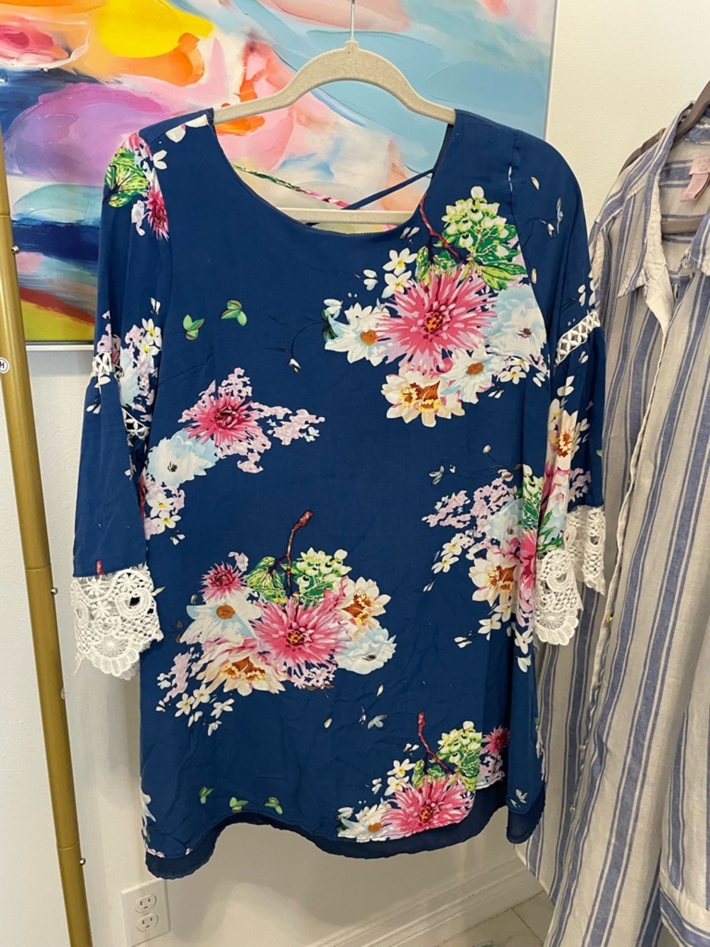 Navy Floral Lace-Trim Women's Top Tunic boho lace trim medium cottagecore